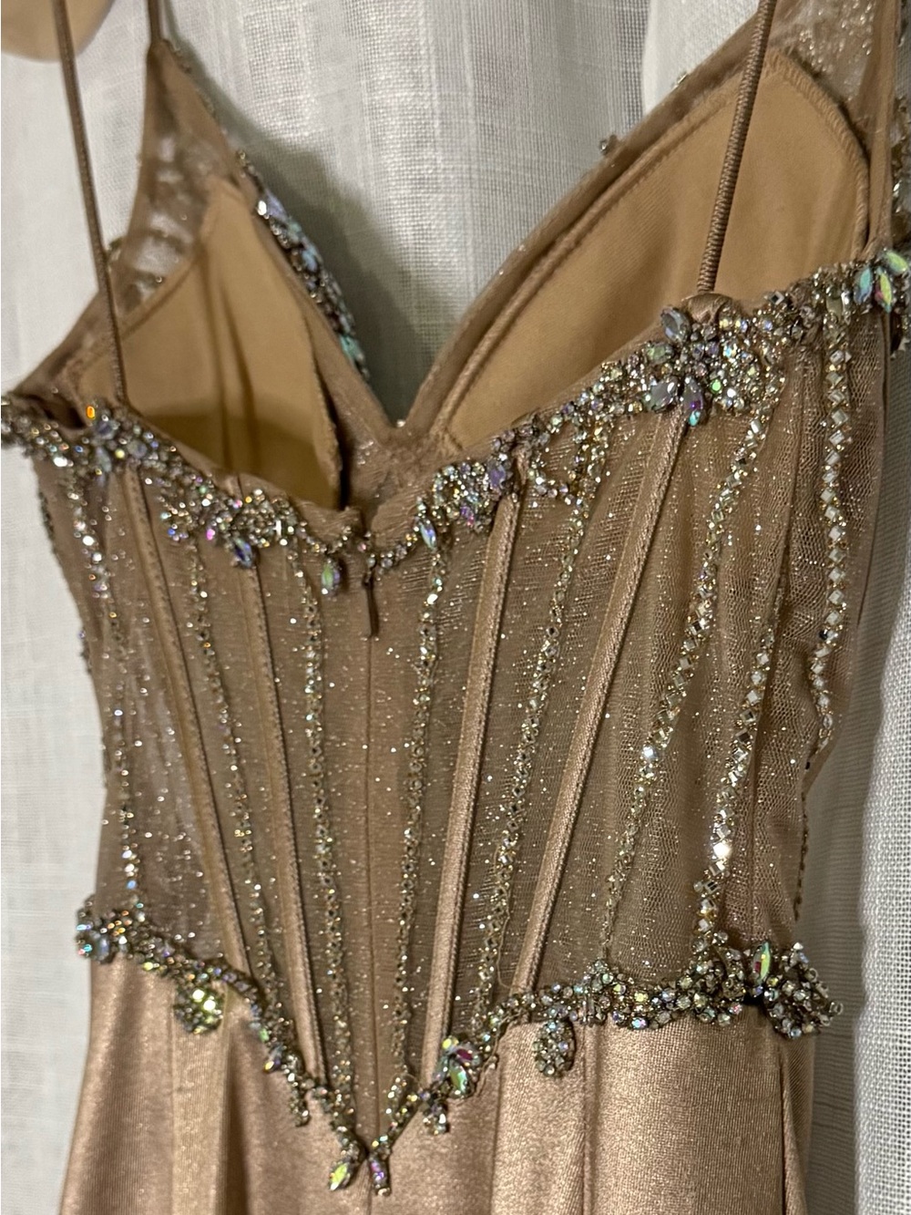 Ladivine Embellished Corset Satin Prom Dress Nude Mermaid Gown - Picture 5 of 13